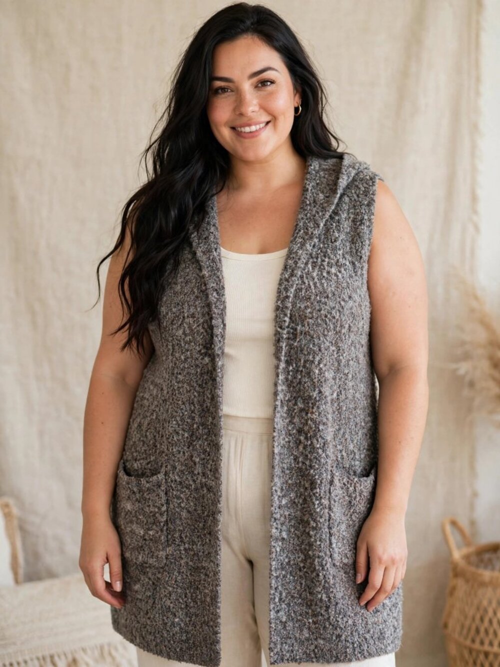 Tahari 1X Grey Textured Knit Hooded Vest Sleeveless Boho Layer